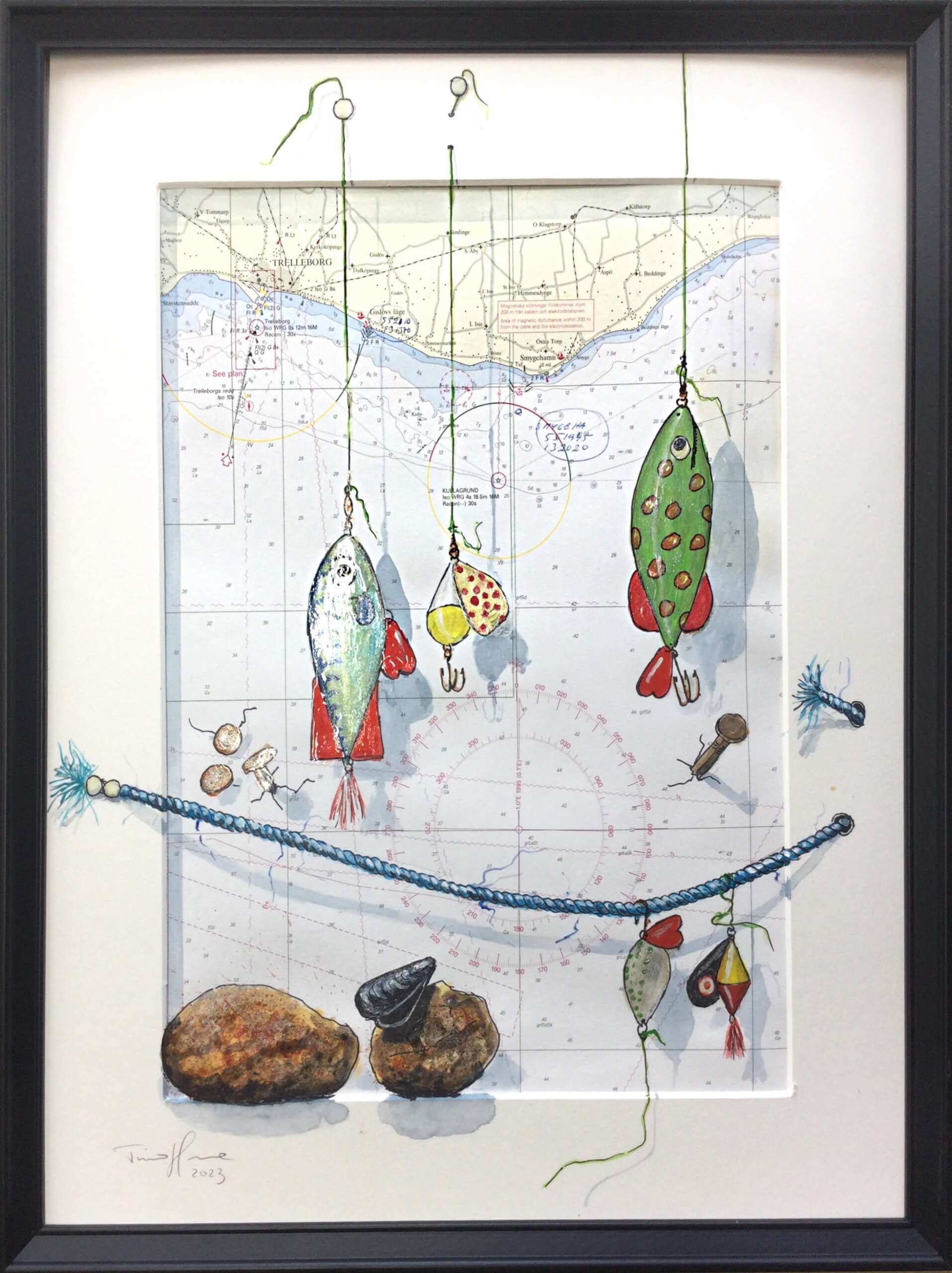 Fiskedrag/sjökort Trelleborg, akvarell av Timo Horne